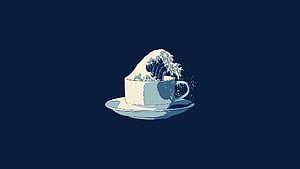 Minimalist Coffee Cup with Giant Wave Illustration on Dark Blue Background HD wallpaper