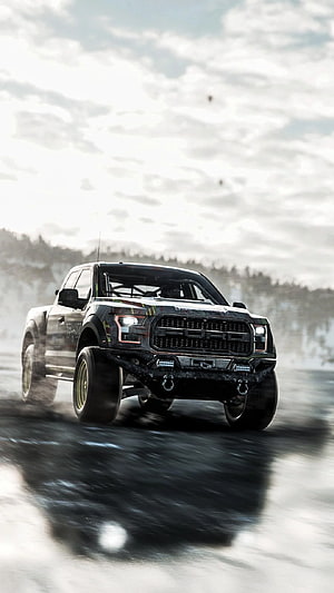 Black Ford Raptor Off-Road Truck Splashing Through Wet Terrain HD phone wallpaper