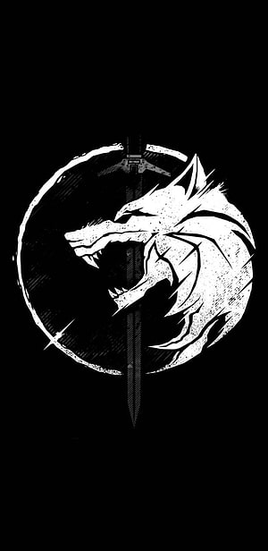 White Wolf and Sword Emblem in Monochrome Circular Design HD phone wallpaper