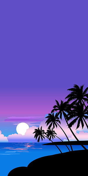 Tropical Island Silhouette at Sunset with Palm Trees and Ocean Horizon HD phone wallpaper