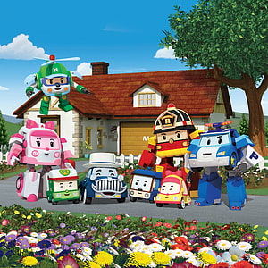 Robocar Poli and Friends Gather in Front of a Cottage with a Vibrant Flower Garden HD phone wallpaper