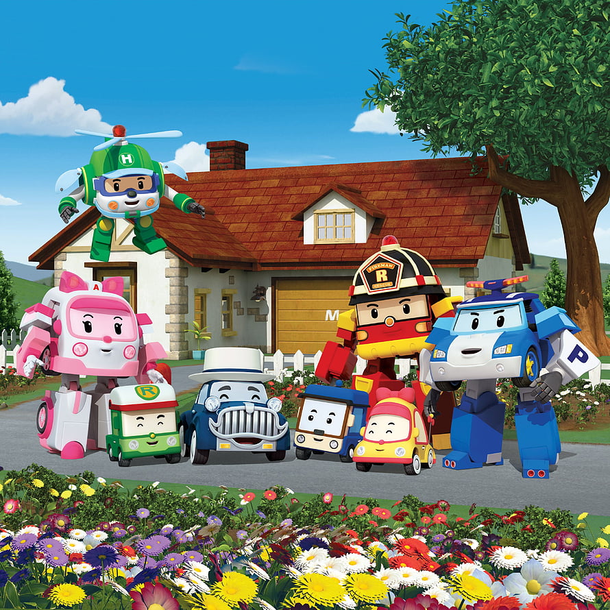 Robocar Poli and Friends Gather in Front of a Cottage with a Vibrant Flower Garden HD phone wallpaper