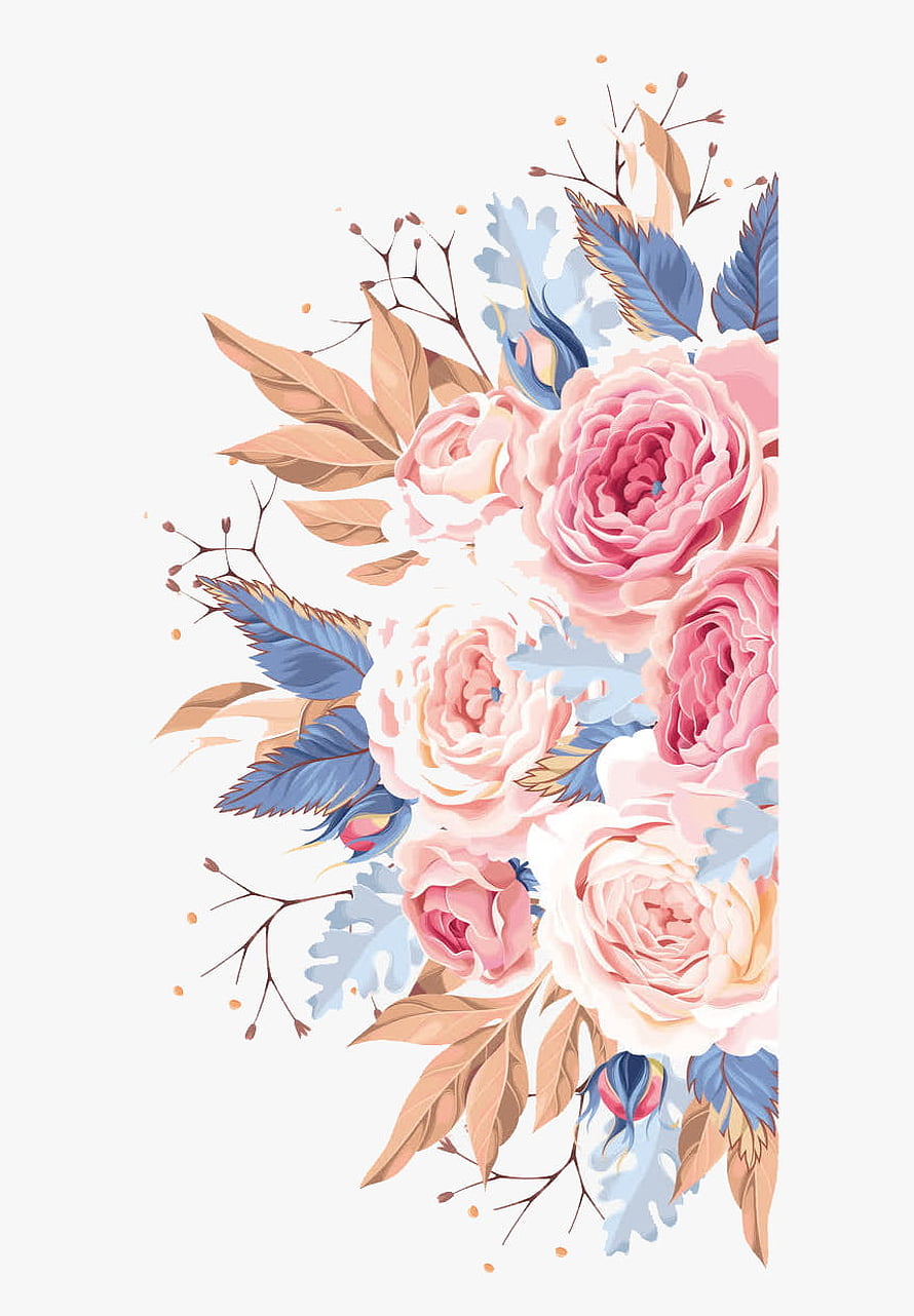 Elegant Watercolor Floral Arrangement with Pink Roses and Blue Foliage on White Background HD phone wallpaper