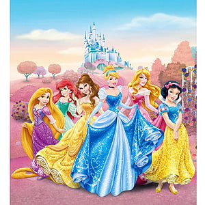 Disney Princess Group Portrait in Ballgowns Before a Fairy Tale Castle HD phone wallpaper
