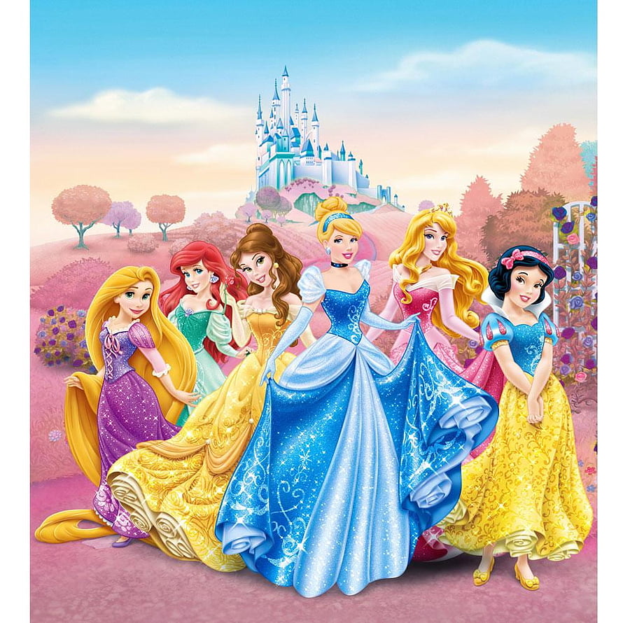 Disney Princess Group Portrait in Ballgowns Before a Fairy Tale Castle HD phone wallpaper