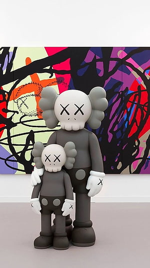 KAWS Companion Sculptures in Gray and White Before Vibrant Abstract Artwork HD phone wallpaper