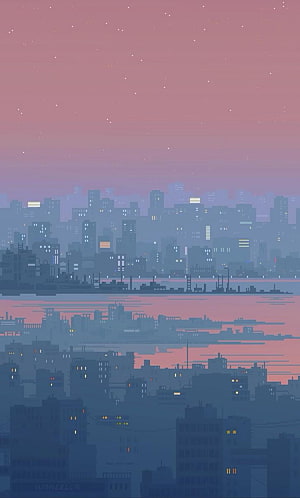 Pastel Pixel Art Cityscape at Dusk with Starry Sky and Water Reflection HD phone wallpaper