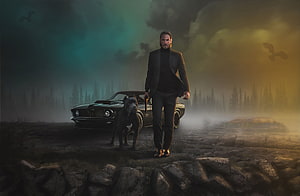 John Wick and his dog standing before a classic car in a misty forest clearing HD wallpaper
