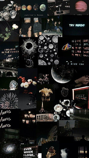 Dark Aesthetic Collage Featuring Celestial Bodies, Night Cityscapes, and Moody Typography HD phone wallpaper