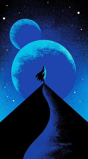 Dune Messiah Cover Art Silhouette Standing on Ridge Under Twin Blue Moons in Starry Night Sky HD phone wallpaper
