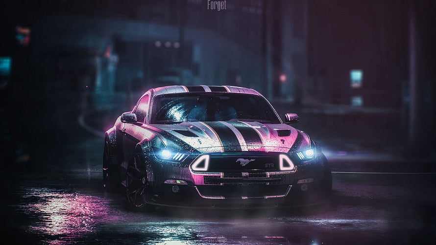 Ford Mustang GTR with racing stripes parked on a wet street at night under neon lights HD wallpaper