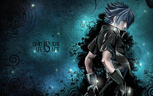 Dark Anime Male Character with Spiky Hair and Tattered Clothing on Textured Blue Background HD wallpaper