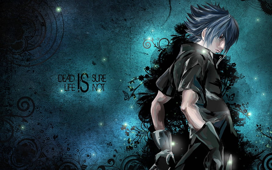 Dark Anime Male Character with Spiky Hair and Tattered Clothing on Textured Blue Background HD wallpaper