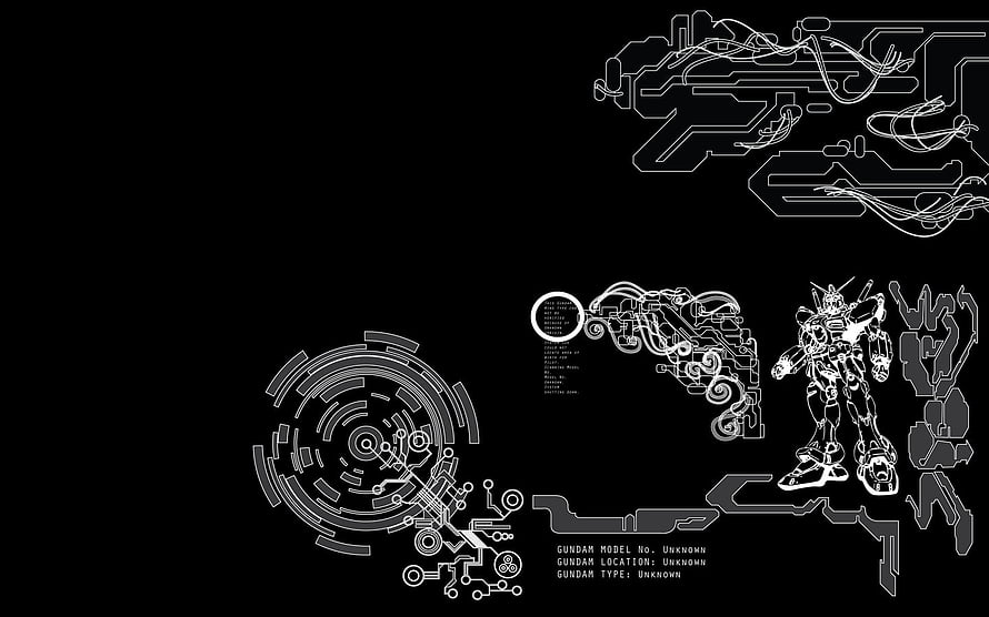Gundam Technical Schematic Blueprint with Circuit Board Elements on Black Background HD wallpaper
