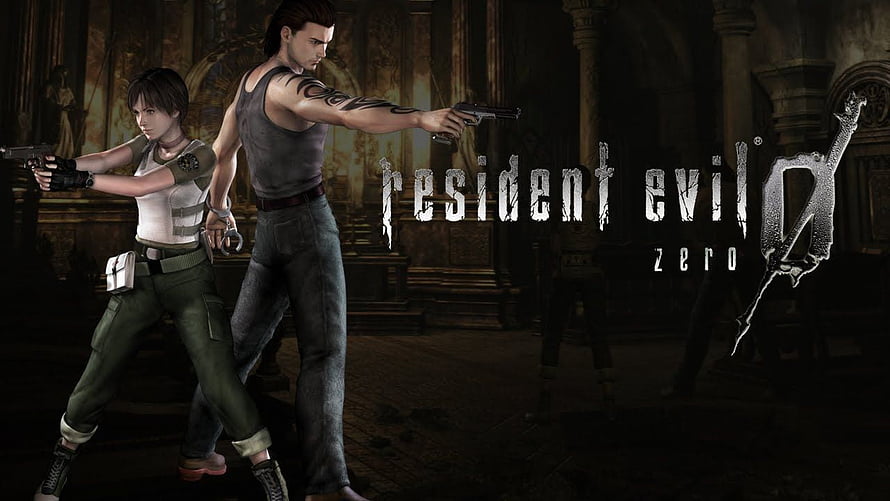 Resident Evil Zero promotional artwork featuring Rebecca Chambers and Billy Coen aiming pistols in a dark gothic hall HD wallpaper