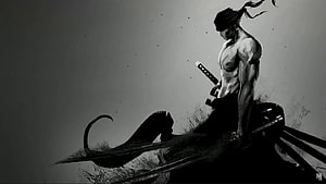 Roronoa Zoro Black and White Ink Illustration with Swords HD wallpaper