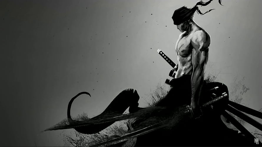 Roronoa Zoro Black and White Ink Illustration with Swords HD wallpaper