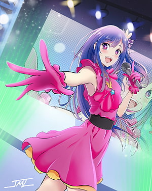 Oshi No Ko anime character performing on stage in a vibrant pink dress with a microphone HD phone wallpaper