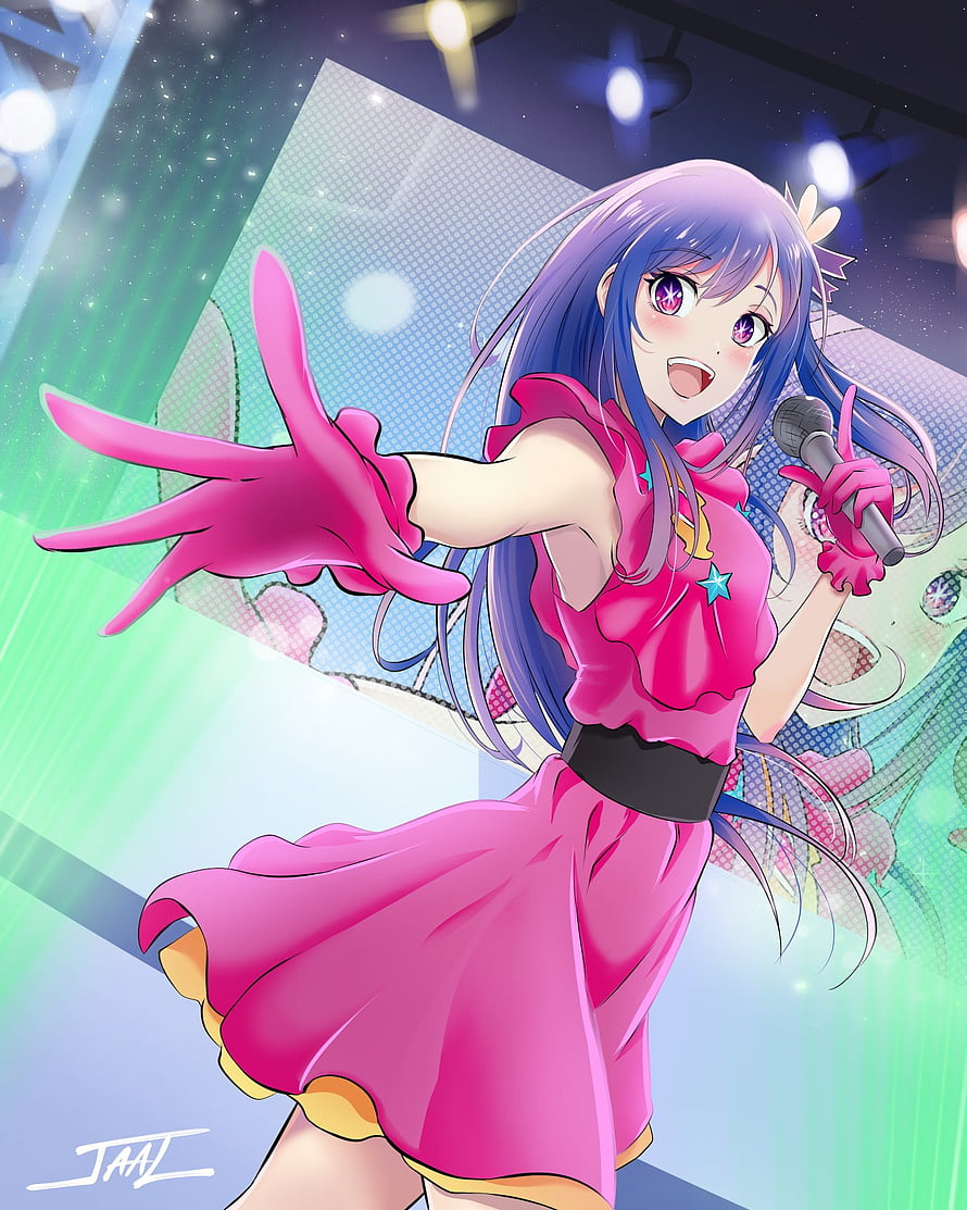 Oshi No Ko anime character performing on stage in a vibrant pink dress with a microphone HD phone wallpaper