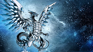 Blue-Eyes White Dragon from Yu-Gi-Oh! with crystalline wings against a cosmic blue backdrop HD wallpaper