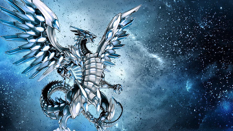 Blue-Eyes White Dragon from Yu-Gi-Oh! with crystalline wings against a cosmic blue backdrop HD wallpaper