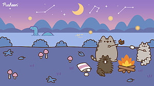 Pusheen Campfire Night Scene with Constellations and Moon HD wallpaper