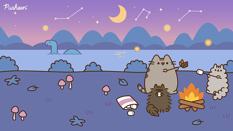 Pusheen Campfire Night Scene with Constellations and Moon HD wallpaper