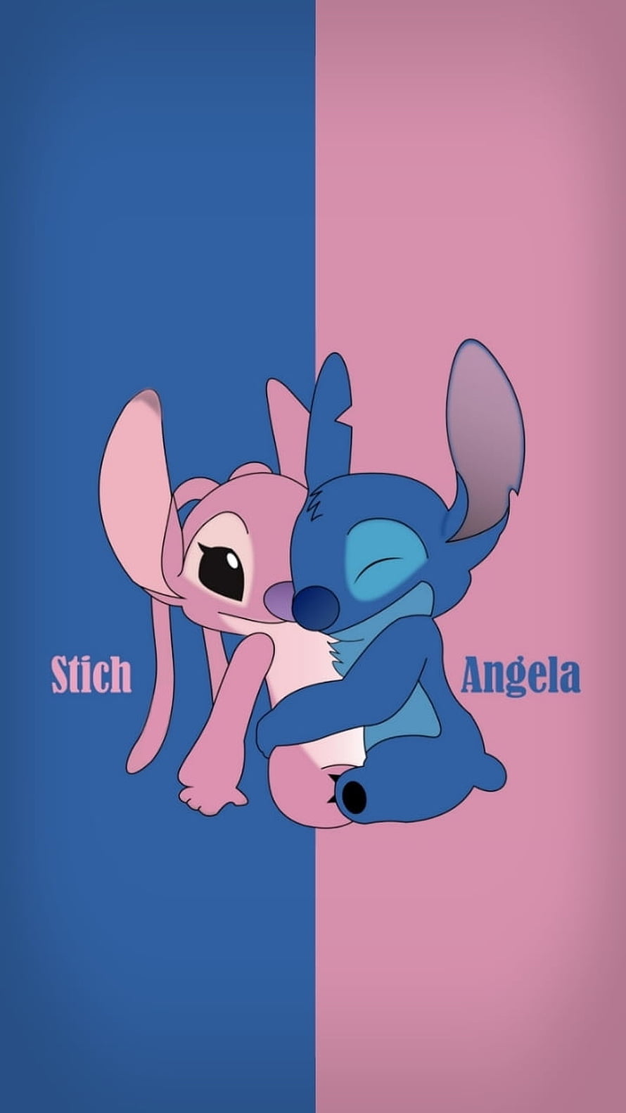 Stitch and Angela Hugging on Split Blue and Pink Background HD phone wallpaper