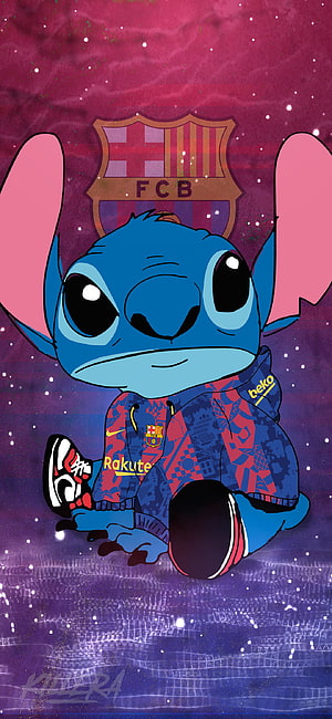 Stitch Wearing FC Barcelona Hoodie Against Cosmic Starry Background HD phone wallpaper