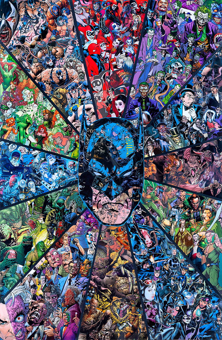 Batman Comic Book Collage Featuring DC Villains and Heroes in Vibrant Mosaic Art HD phone wallpaper