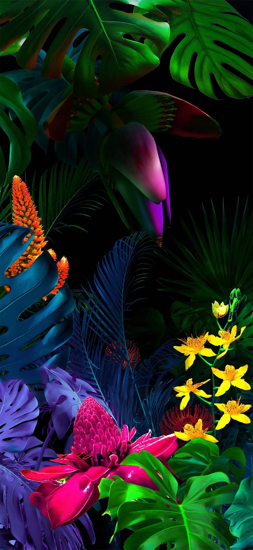 Neon Tropical Jungle with Monstera Leaves and Vibrant Exotic Flowers on Black Background HD phone wallpaper