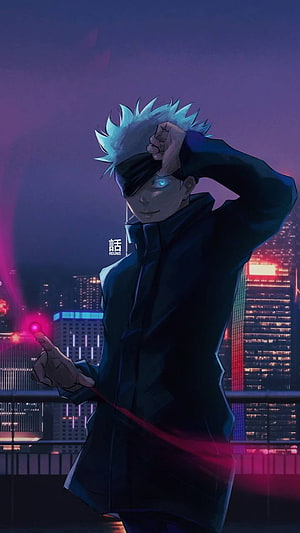 Gojo Satoru from Jujutsu Kaisen on a Neon-Lit Rooftop at Night HD phone wallpaper