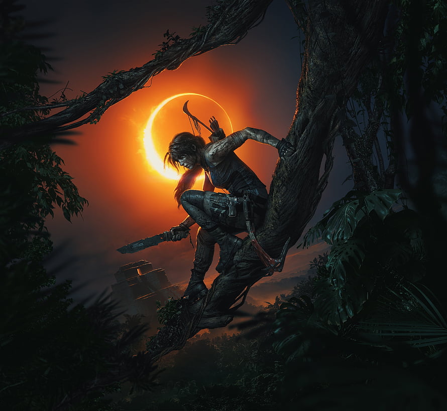 Lara Croft in Shadow of the Tomb Raider Perched in Jungle at Sunset HD wallpaper