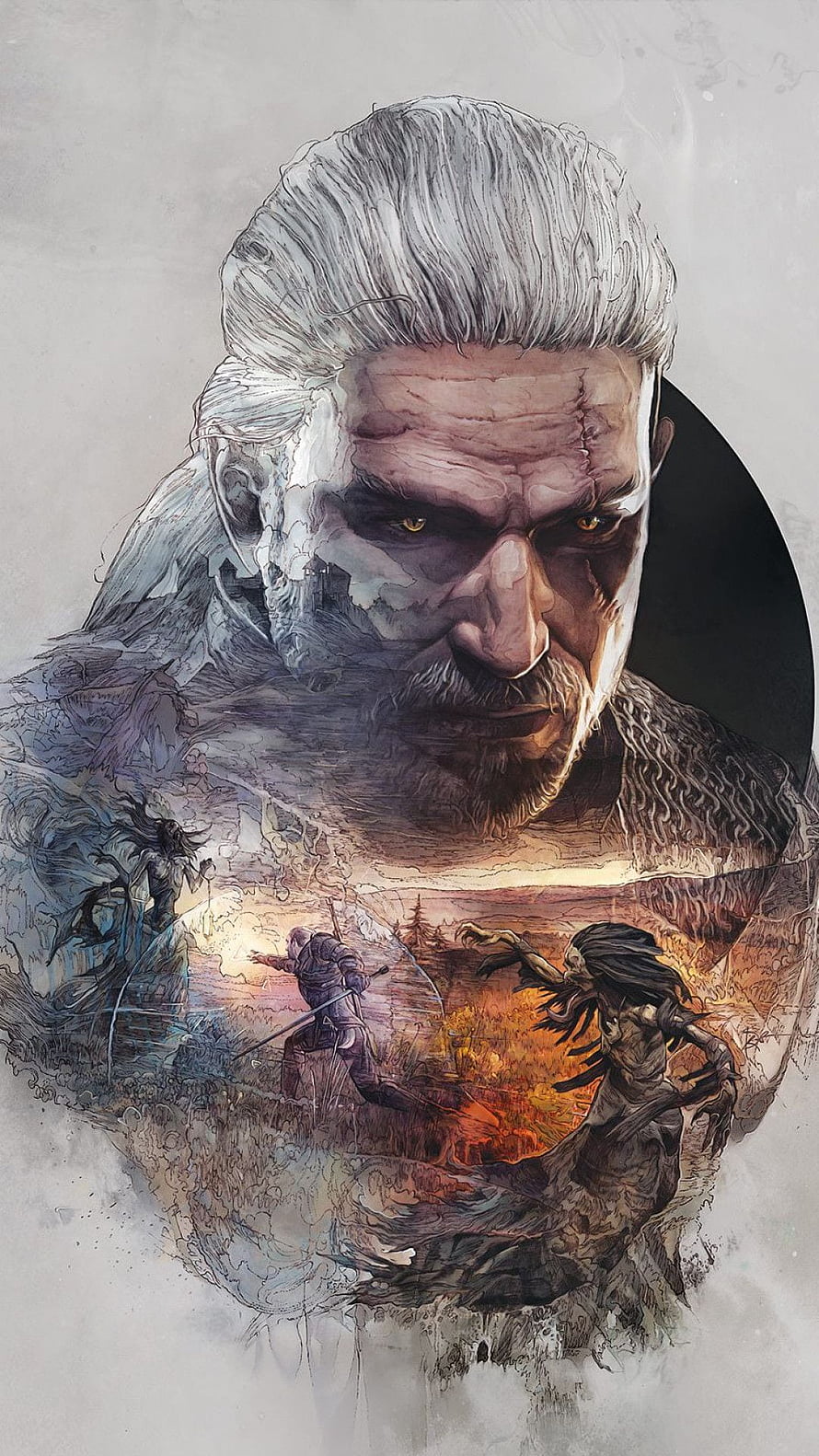 Geralt of Rivia Witcher 3 Concept Art Portrait with Monster Combat Scene HD phone wallpaper