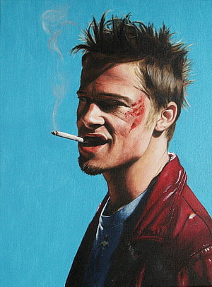 Tyler Durden Portrait from Fight Club with Cigarette and Red Jacket HD phone wallpaper