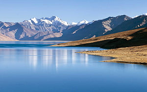 Serene High-Altitude Lake with Snow-Capped Himalayan Peaks in Ladakh HD wallpaper
