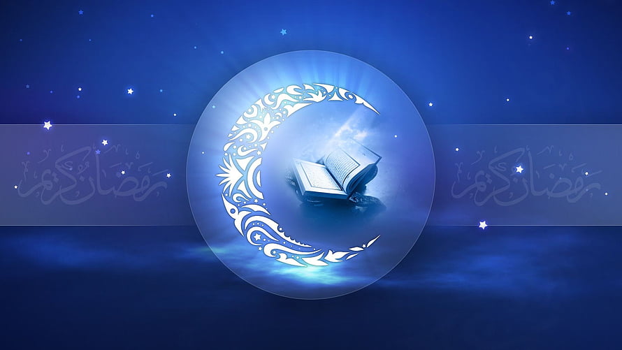 Illuminated Holy Quran and Ornate Crescent Moon on a Deep Blue Starry Night Sky HD wallpaper