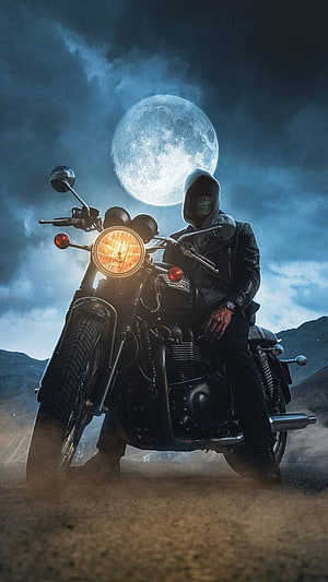 Hooded Biker on Vintage Motorcycle Under Full Moon in Dark Night Landscape HD phone wallpaper