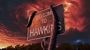 Stranger Things Hawkins Town Sign with Demogorgon Tentacles Under Stormy Red Sky HD wallpaper