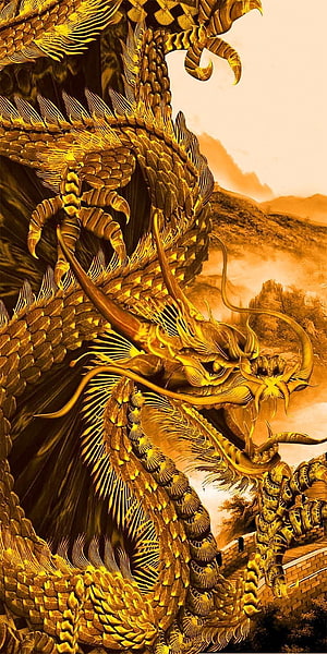 Majestic Golden Chinese Dragon Coiled Over the Great Wall in a Sepia Landscape HD phone wallpaper