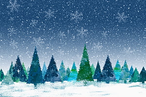 Winter Night Forest with Falling Snowflakes and Evergreen Trees HD wallpaper