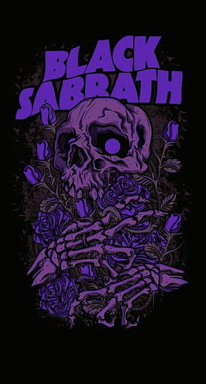Black Sabbath Purple Skull and Roses Tattoo Style Artwork on Black Background HD phone wallpaper