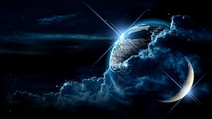 Mystical Planet in Deep Space with Glowing Stars and Swirling Clouds HD wallpaper