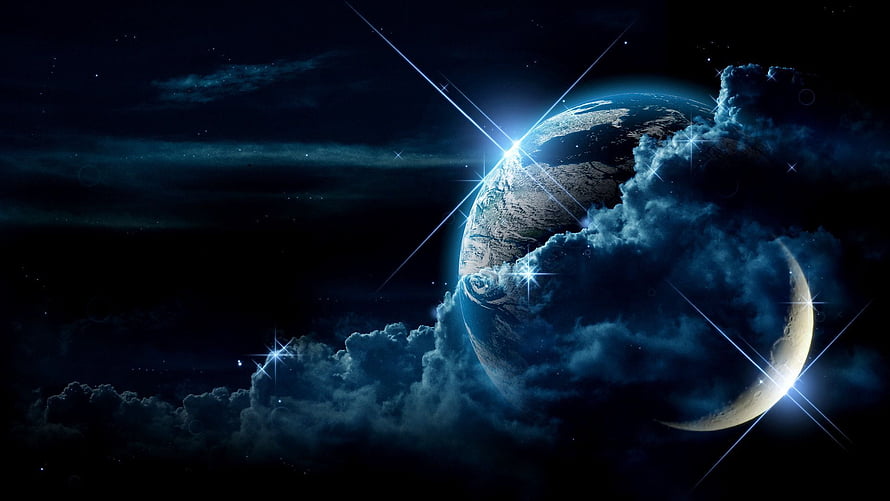 Mystical Planet in Deep Space with Glowing Stars and Swirling Clouds HD wallpaper