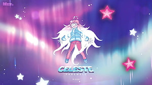 Celeste Farewell Anime Character Floating in Cosmic Starfield with Neon Stars HD wallpaper