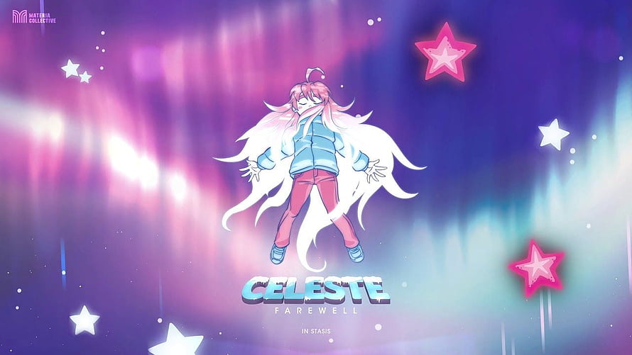 Celeste Farewell Anime Character Floating in Cosmic Starfield with Neon Stars HD wallpaper