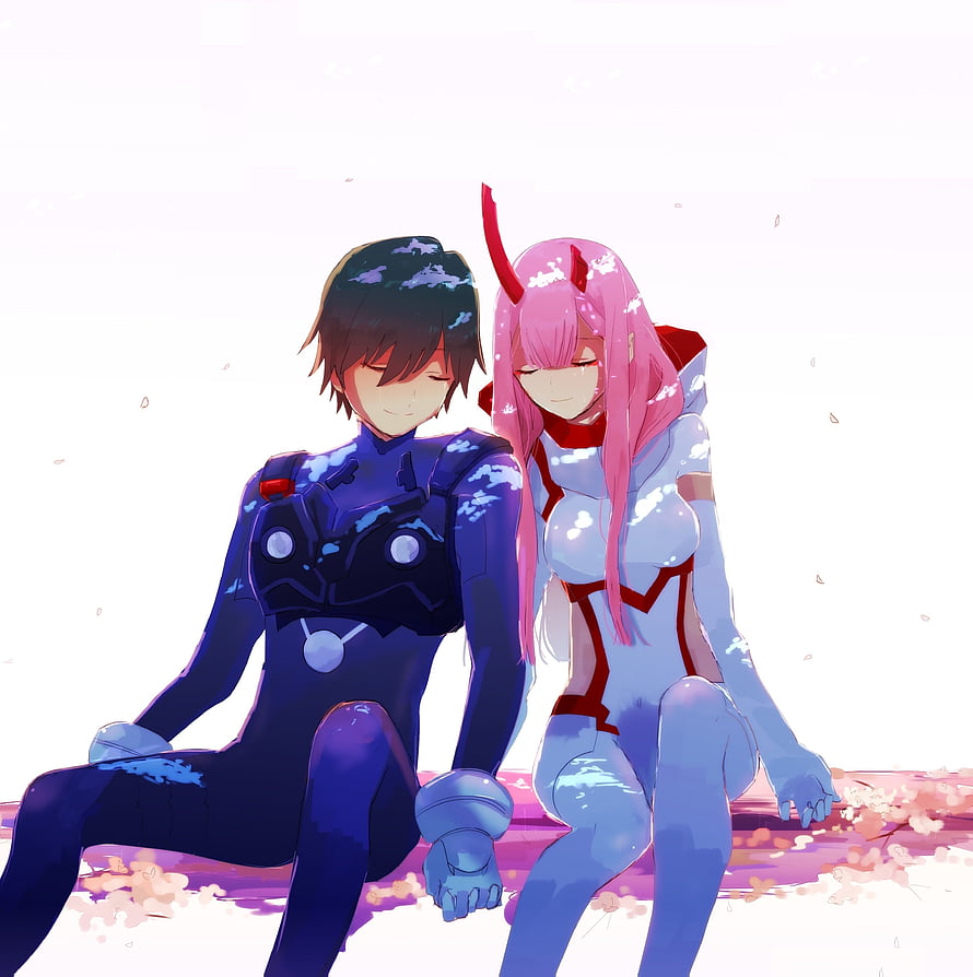 Hiro and Zero Two from Darling in the Franxx Sitting Together in Plugsuits HD phone wallpaper