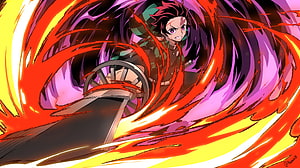 Tanjiro Kamado performing the Hinokami Kagura dance with a blazing katana in Demon Slayer HD wallpaper