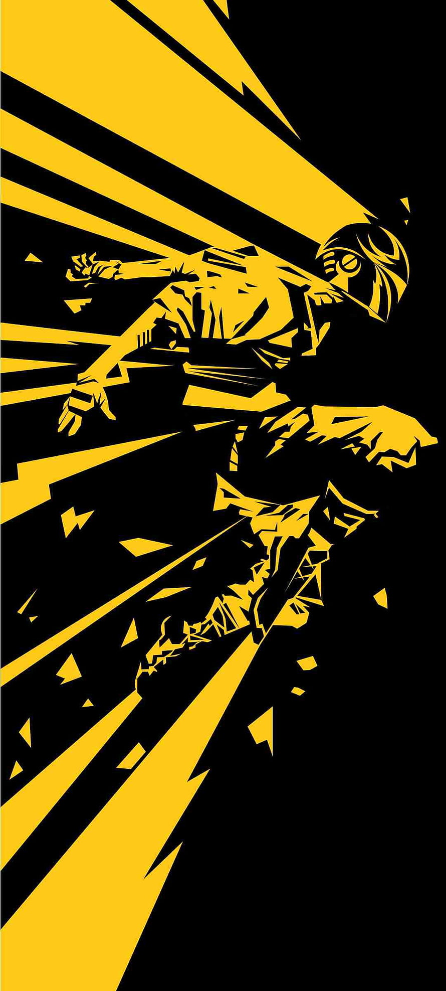 Dynamic Yellow and Black Anime Character in Action Pose with Speed Lines HD phone wallpaper
