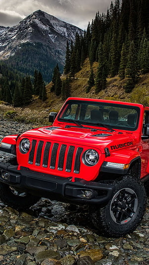 Red Jeep Wrangler Rubicon Off-Road Adventure in Rocky Mountain Terrain HD phone wallpaper